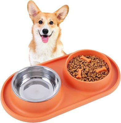 Nicht verschüttete Silikonpolster Doppelschale für Hunde und Katzen Edelstahl-Langfeder