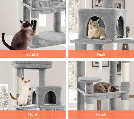 ODM entwirft einen grauen mehrstöckigen Katzenbaum mit Wohnungshängematte und Kratzpfeiler